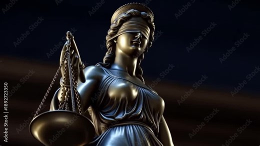 Dramatic close-up of a bronze Lady Justice statue with sword and scales on a dark background, symbolizing law, truth, and judicial authority.