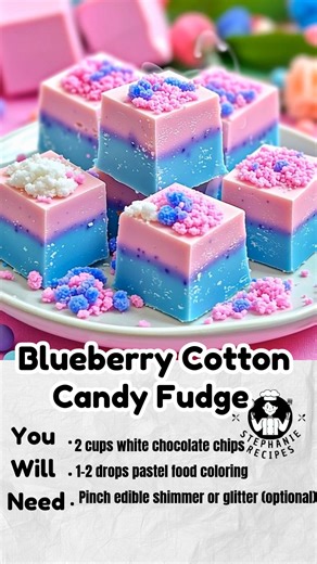 Blueberry Cotton Candy Fudge Ingredients * 2 cups white chocolate chips (or chopped white chocolate) * 1 can (14 oz / 397 g) sweetened condensed milk * 1/4 cup blueberry purée (strained if possible) * 1–2 drops pastel food coloring (light purple or blue) * Pinch edible shimmer or glitter (optional) Instructions 1. Line an 8×8 pan with parchment paper and lightly grease it. 2. In a saucepan over low heat, add white chocolate and condensed milk. 3. Stir slowly until melted and smooth — don’t let i