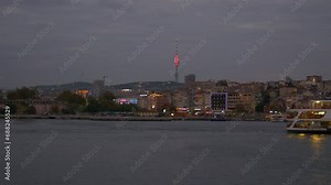 twilight illuminated istanbul city ferry trip asia bay passenger top pov panorama 4k turkey