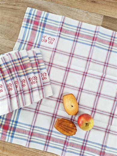 Vintage Monogram Napkins Set of 8, French Farmhouse Cotton Table Linens, Red Blue Plaid Tea Towels Cottage Kitchen Decor - Etsy