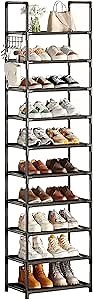 Simple Trending Shoe Rack for Closet, 10 Tiers Narrow Shoe Shelf Holds 20 Pairs, Shoe Organizer Storage with Hooks, Black