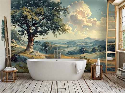Peaceful Peel and Stick Landscape Wallpaper Mural, Scenic Tree & Cloud Sky Wall Art - Etsy