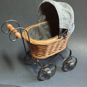 Rare Antique Vintage Wicker Doll Stroller Carriage with Black Canopy.