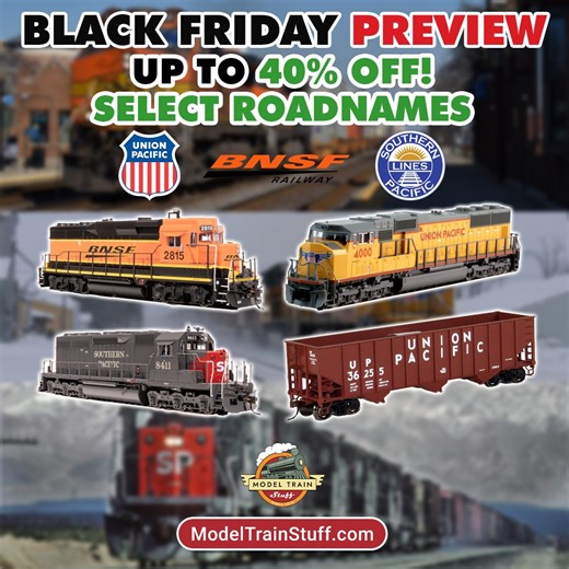 Model Train Stuff on Instagram: "🚆BLACK FRIDAY PREVIEW SALE EVENT ON NOW🛒 Take up to 40% on select roadnames with today's offerings including UP, BNSF, SP, and BN! Locomotives, rolling stock, and other parts are all on sale! Fill out your yard with some new freight cars, add some passenger cars to your station, and of course, get a locomotive to haul all these new cars! 📦SHOP TODAY: https://modeltrainstuff.com/collections/sale #modeltrainstuff #hoscale #nscale #modeltrains #modeltrain #modelr