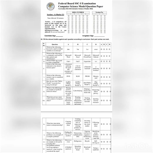 #model paper of computer science class 9 #fbise #exam