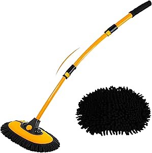 WillingHeart 15° Curved Car Wash Brush with Long Handle 43" Extension Pole RV Truck Microfiber Cleaning Mop Auto SUV Wheel Boat Exterior Interior Detailing 2 in 1 Carwash Duster Not Hurt Paint, Yellow