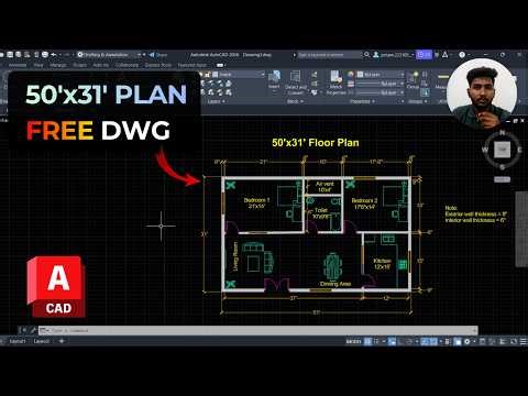 50x31 House Plan FREE DWG Download | 2BHK AutoCAD Floor Plan with Dimensions
