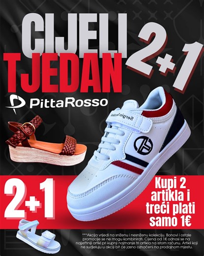 👇 Tagiraj frendicu na kojoj je red da te iznenadi s trećim parom? 👟Kupi 2, treći dobivaš za SAMO 1€! Sandale, tenisice, cipele – kombiniraj kako želiš! 🔥 Akcija vrijedi još samo par dana, zato požurite! 🛍️ Samo u PittaRossu #PittaRosso #2plus1 #ObućaZaSve #PametnaKupnja #ShoppingAkcija #UvijekKorakIspred #PittaRossoCroatia | PittaRosso