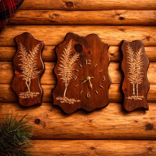 Vintage Hand-painted Birch Tree Clock Set, Rustic Woodland Wall Hanging - Etsy