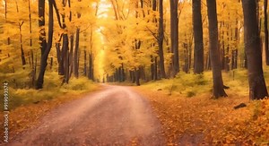 Natural scenery in the fall with a path in the middle of the forest Seamless looping time lapse virtual video animation background 4k animation