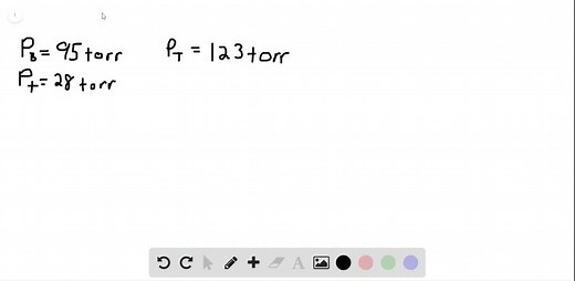 Benzene and toluene form an ideal solution. Consider a solution of benzene and toluene prepared at 25^∘ C. Assuming the mole fractions of benzene and toluene in the vapor phase are equal, calculate the composition of the solution. At 25^∘ C the vapor pressures of benzene and toluene are 95 and 28 torr, respectively. | Numerade