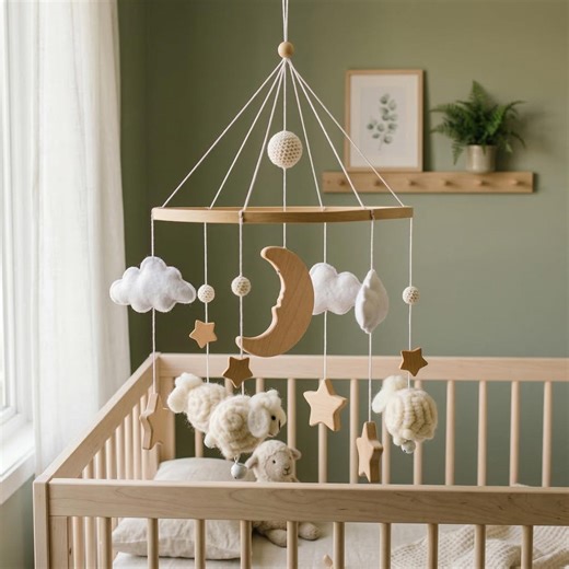 Sheep Baby Mobile With Wooden Arm Option, Neutral Nursery Decor, Boho Crib Mobile, Moon and Cloud Mobile, Gender Neutral Baby Shower Gift - Etsy