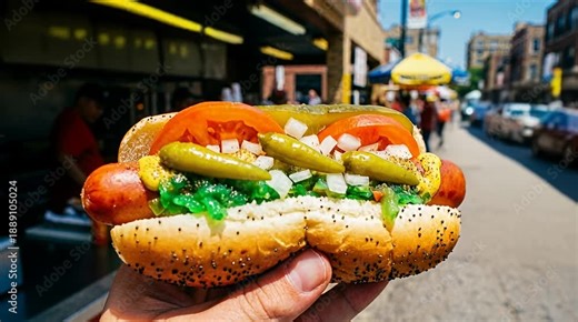 Street cart hot dog piled high with fresh toppings for a delicious classic american street food photo,.