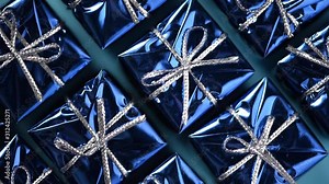 Moving blue gift boxes on blue color background. Christmas and new year rotating backdrop. Present, surprise concept