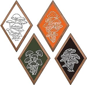 Geetery 4 Pcs Mushroom Wall Decor Farmhouse Wood Mushroom Wall Art with Hanging Hook 14.17 x 8.86 Inch Diamond Framed Mushroom Aesthetic Art for Bedroom Bathroom Living Room
