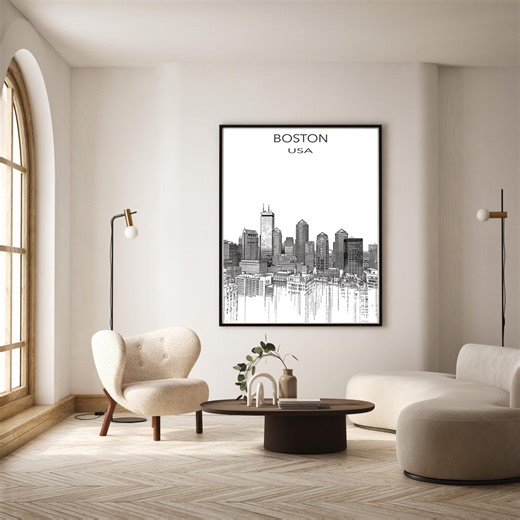 Boston Skyline Print – Minimalist Architectural Travel Poster – Digital Download - Etsy
