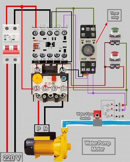 Water Pump Automatic Control Wiring | Flow Switch + Timer Relay + Contactor Full Connection