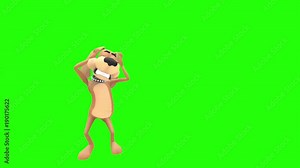 Mad angry animated dog hound canine pooch mutt cartoon character displays violent temper tantrum multiple times in front of green screen background