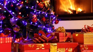 Christmas Fireplace Scene with Blinking Christmas Tree Lights