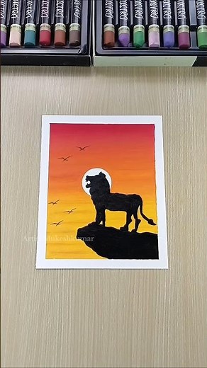 ✨ Easy Sunset Mountainstanding Lion Scenery Drawing with Oil Pastels | Step-by-Step Tutorial #shorts