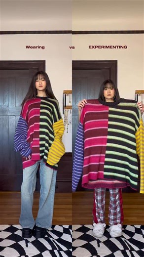 Wearing versus experimenting with an oversized rainbow sweater 😛 #wearingvsstyling #stylingreel #stylingoutfits #fashioninspiration #aestheticoutfits #outfitidea #stylinginspo | Generationchloe