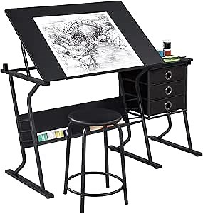 Topeakmart Height Adjustable Drafting Table Art Craft Desk Work Station Hobby Design Studio Tiltable Tabletop Drawing Desk with Stool & Storage Drawers