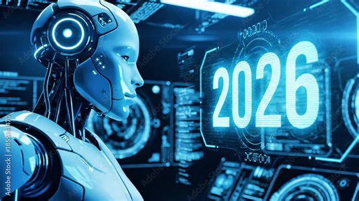 Futuristic humanoid robot interacts with digital interface displaying 2026, showcasing advanced technology and seamless action progression in a high-tech environment