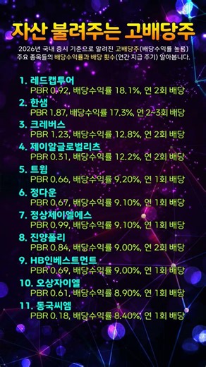 2026년 3월 4일. 자산 불려주는 고배당주. #레드캡투어 #한샘 #크레버스 #제이알글로벌리츠 #트윔 #정다운 #정상제이엘에스 #진양폴리 #HB인베스트먼트 #오상자이엘