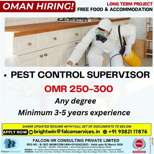 OMAN HIRING – Pest Control Supervisor | Free Food & Accommodation | Long-Term Project