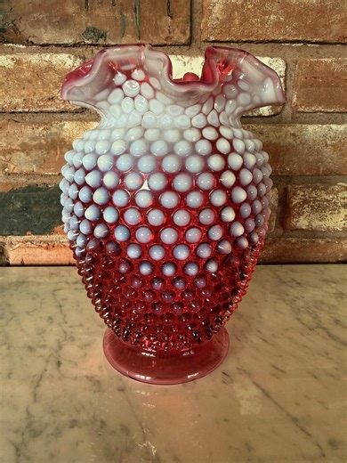Fenton Cranberry Opalescent White Hobnail Ruffle Edge Vase - Etsy