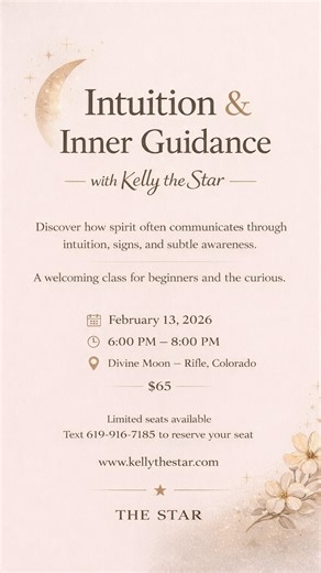 Kelly the Star Psychic Medium on Instagram: "Friday the 13th has always carried powerful intuitive and spiritual energy 🌙 I’m hosting a beginner-friendly class called Intuition & Inner Guidance where we’ll explore: ✨ How intuition naturally communicates ✨ How spirit guidance can show up through signs and awareness ✨ How to trust your inner voice without fear or pressure This class is welcoming, safe, and designed for beginners or the curious. 📍 Divine Moon — Rifle, Colorado 📅 February 13, 202