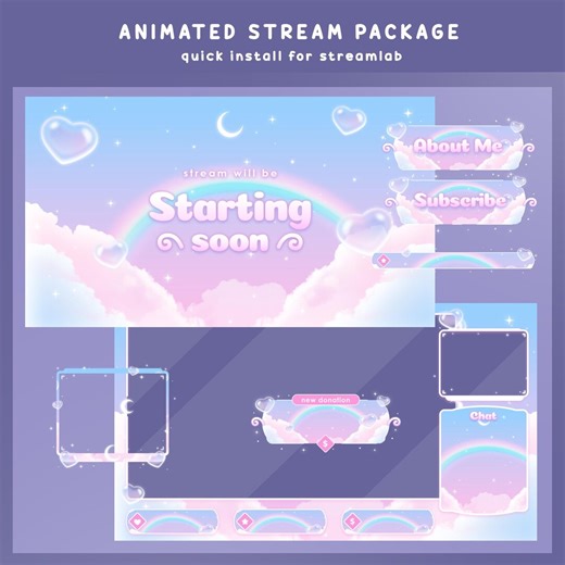 Cloudy Rainbow Animated Stream Overlay Bundle, Pastel Rainbow Theme, Cloudy Overlay, Heart Bubble Design, Moon Star Overlay, Glowy Aesthetic - Etsy