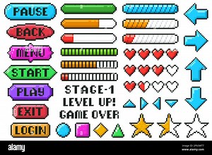Pixel game menu buttons. Game 8 bit ui controller arrows, level and live bars, menu, stop, play buttons vector illustration set. Gaming menu buttons Stock Vector Image & Art - Alamy