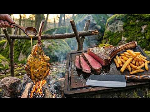 Cowboy Butter Crusted Tomahawk Steak & Fries | Open Fire Cooking