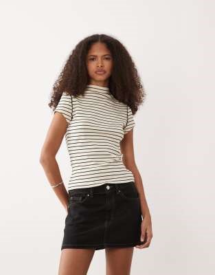 ASOS DESIGN ribbed funnel neck top with exposed seam in black and cream stripe | ASOS