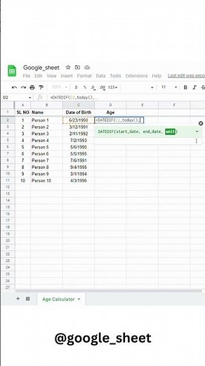 Age Calculator in Google Sheets #shorts #googlesheets