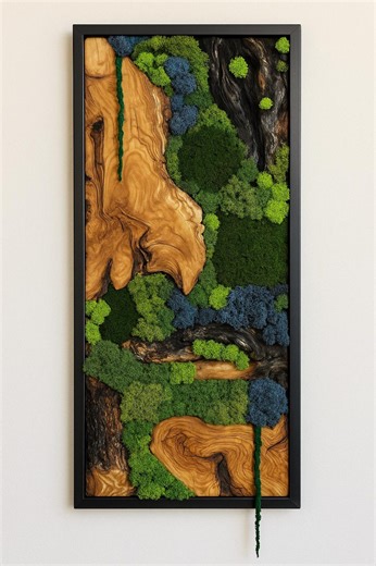 Olive Wood & Preserved Moss Wall Art, Vertical Handmade Green Wall Panel, Rustic Nature Decor - Etsy