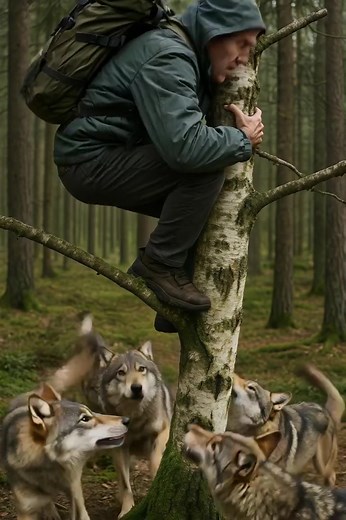 The wolves in the forest surrounded an old man and began to attack: terrified, the elderly man climbed up a tree — but at that very moment, something completely unexpected happened 🫣😱 The man had been walking through the forest for several hours. He just wanted to stroll along the familiar paths and breathe in the fresh air. Everything was calm — until he heard the sound of branches cracking behind him. He turned around and froze: out from the trees emerged a pack of wolves. There were many — 