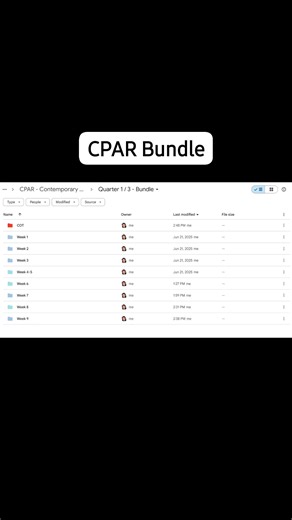 Contemporary Philippine Arts from the Regions (CPAR) 11/12 - Quarter 1 Daily Lesson Plan with PPT Bundle 𝙏𝙤𝙥𝙞𝙘: ■ Week 1: • Integrative Art as Applied to Contemporary Art • Contemporary Arts in the Philippine Regions and its Various Forms and Practices ■ Week 2: Major Classification of Art Forms and various example of each category ■ Week 3: Various Art Forms of Contemporary Arts ■ Week 4-5: • Contemporary Philippine Arts from the Regions: • National Artists of the Philippines ■ Week 6: Ele
