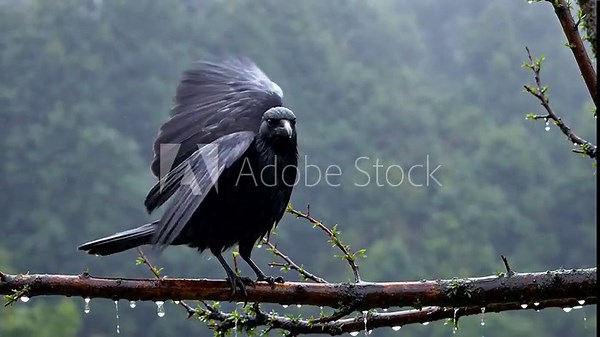 hubris. A rain-soaked crow shaking its wings on a branch with water droplets flying. wildlife magazines, conservation campaigns, designed for wildlife conservation campaigns, celebrates biodiversity.