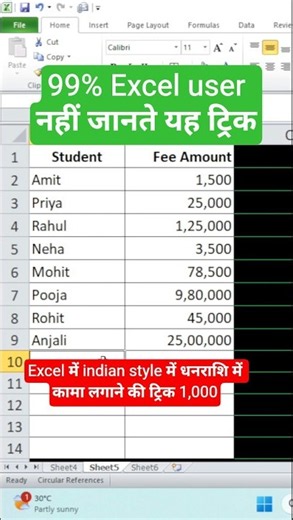Excel: Indian Number Format | Ctrl+1 #short #excel #yt