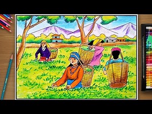 How To Draw A Scenery Of Tea Garden Step By Step | Tea Garden Drawing | scenery drawing | Landscape