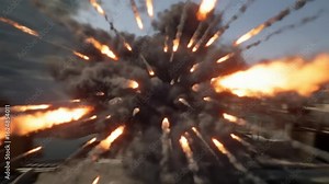 A large explosion with fire and smoke erupts outward, creating a chaotic and destructive scene.