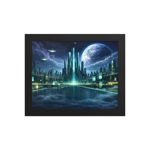 Futuristic City Poster – Neon Sci-fi Skyline, Distant Planet Wall Art, Black Framed Space Decor - Etsy
