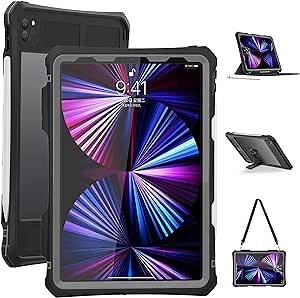 ShellBox Case New iPad Pro 11 inch 2022&2021&2020 Waterproof Case, Full-Body Heavy Duty Shockproof Protective Cover with Kickstand Built-in Screen Protector Pencil Holder Shoulder Strap