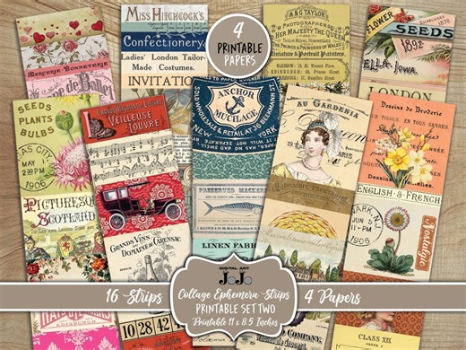 Vintage Ephemera Collage Strips, Printable Digital Download, Junk Journal Supplies, Cardmaking Paper Craft, Scrapboook Graphics Card Art Set - Etsy