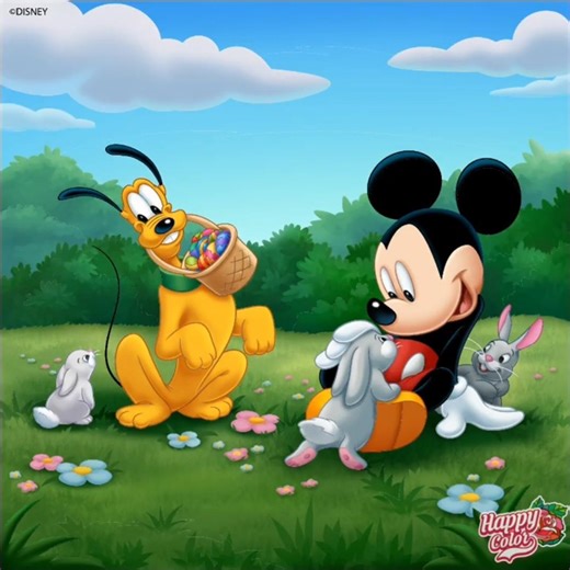 Happy Color - Mickey And Pluto Meets A Bunny At Easter Fields Outside While They Collect An Egg