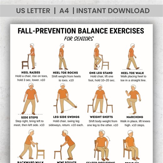 Fall Prevention Balance Exercises for Seniors Printable PDF | Chair & Standing Mobility Training Chart | Elderly Home Exercise Poster - Etsy