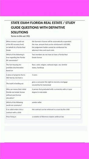 State Exam Florida Real Estate Study Guide Questions With Definitive Solutions