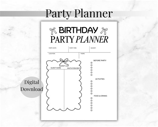 Black & White Birthday Planner Printable | Minimalist Party Planning Sheet | Instant Download PDF - Etsy